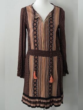 Only Long-Sleeve Printed Dress in Brown and Peach